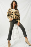 HY2048 Tan Womens Fuzzy Leopard Sweater Cardigan Full Body
