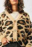 HY2048 Tan Womens Fuzzy Leopard Sweater Cardigan Close Up