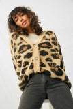 HY2048 Tan Womens Fuzzy Leopard Sweater Cardigan Front