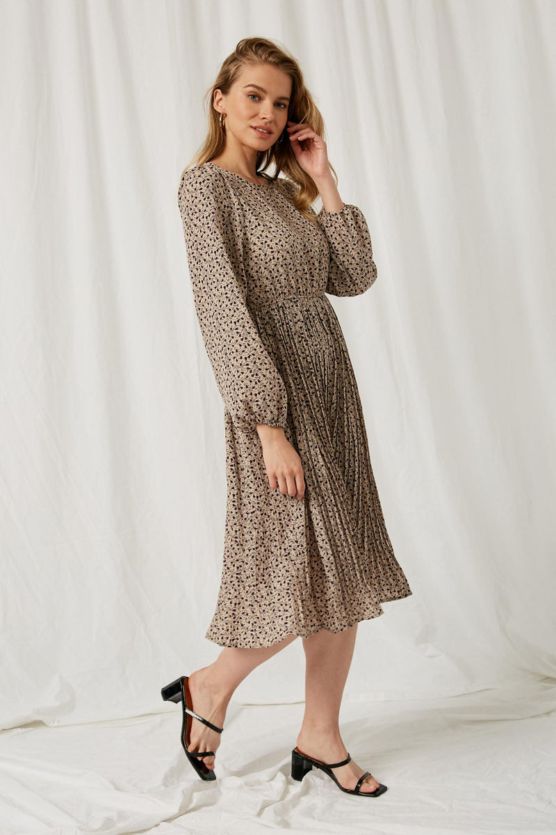 HY2055 Taupe Womens Ditsy Print Pleated Skirt Midi Dress Side