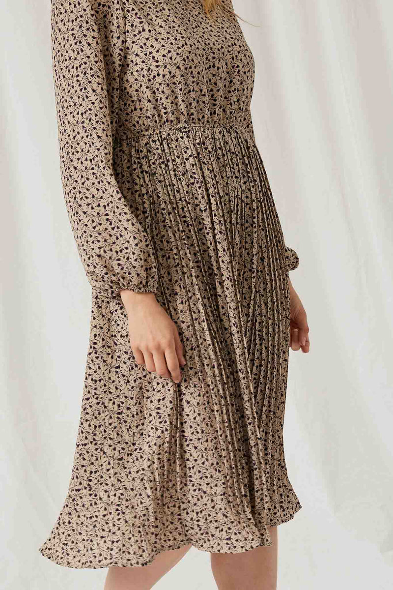 HY2055 Taupe Womens Ditsy Print Pleated Skirt Midi Dress Detail