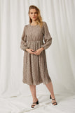 HY2055 Taupe Womens Ditsy Print Pleated Skirt Midi Dress Full Body