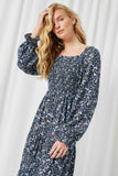 HY2074 Navy Womens Long Sleeve Smocked Square Neck Dress Front