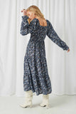 HY2074 Navy Womens Long Sleeve Smocked Square Neck Dress Full Body