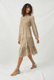 HY2075 Ivory Womens Smocked Ruffle Neck Midi Dress Full Body