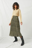 HY2077 Olive Womens Leopard Print Pleated Midi Skirt- Full Body