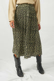 HY2077 Olive Womens Leopard Print Pleated Midi Skirt- Front