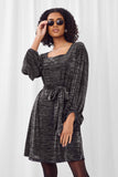 HY2087 BLACK Womens Square Neck Belted Metallic Knit Dress Pose