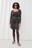 HY2087 BLACK Womens Square Neck Belted Metallic Knit Dress Full Body