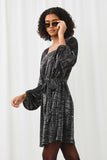 HY2087 BLACK Womens Square Neck Belted Metallic Knit Dress Side