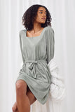 HY2087 SAGE Womens Square Neck Belted Metallic Knit Dress Pose