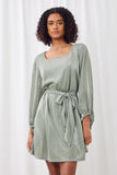 HY2087 SAGE Womens Square Neck Belted Metallic Knit Dress Front