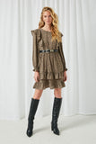 HY2091 Olive Womens Printed Ruffle Tiered Mini Dress Full Body