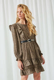 HY2091 Olive Womens Printed Ruffle Tiered Mini Dress Front