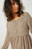 HY2094 Taupe Womens Long Sleeve Tiered Buttoned Mini Dress Detail