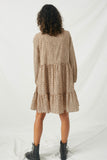 HY2094 Taupe Womens Long Sleeve Tiered Buttoned Mini Dress Back