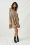HY2094 Taupe Womens Long Sleeve Tiered Buttoned Mini Dress Full Body
