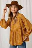 HY2100 Mustard Womens Ruffle Neck Long Sleeve Babydoll Top Front