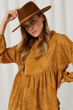 HY2100 Mustard Womens Ruffle Neck Long Sleeve Babydoll Top Pose Front