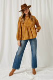 HY2100 Mustard Womens Ruffle Neck Long Sleeve Babydoll Top Full Body