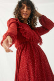 HY2113 Red Womens Ruffle Button Down Midi Dress Pose