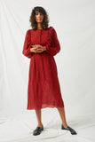 HY2113 Red Womens Ruffle Button Down Midi Dress Full Body