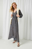 HY2114 Navy Womens Floral Long Sleeve Maxi Dress Full Body