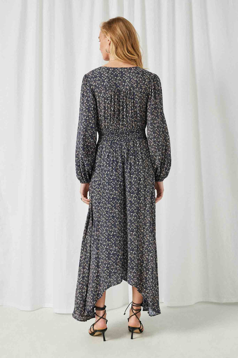 HY2114 Navy Womens Floral Long Sleeve Maxi Dress Full Body