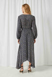 HY2114 Navy Womens Floral Long Sleeve Maxi Dress Full Body