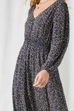 HY2114 Navy Womens Floral Long Sleeve Maxi Dress Detail