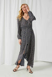 HY2114 Navy Womens Floral Long Sleeve Maxi Dress Full Body