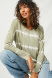 HY2203 Olive Womens Tie Dye High Low Long Sleeve Dolman Close Front