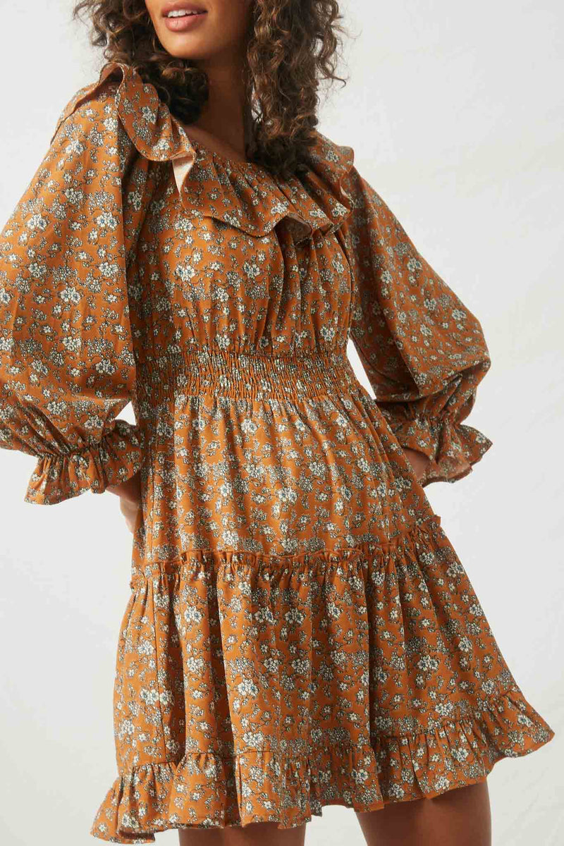 HY2207 Camel S Camel Womens Floral Ruffle Sleeve Mini Dress Detail