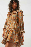 HY2207 Camel L Camel Womens Floral Ruffle Sleeve Mini Dress Side
