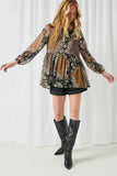 HY2227 Mustard Womens Long Sleeve Mixed Patchwork Print Top Full Body