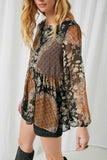 HY2227 Mustard Womens Long Sleeve Mixed Patchwork Print Top Side