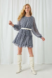 HY2275 Navy Womens Floral Dolman Sleeve Tiered Dress Full Body