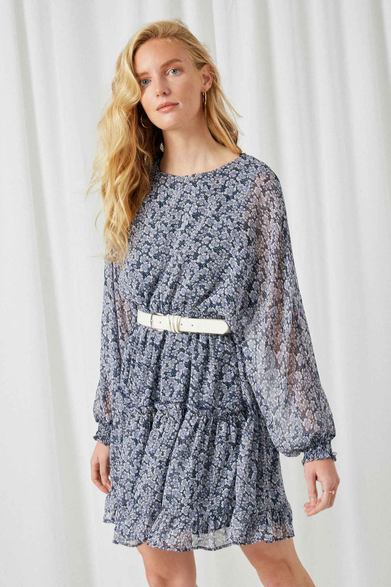 HY2275 Navy Womens Floral Dolman Sleeve Tiered Dress Front