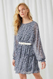 HY2275 Navy Womens Floral Dolman Sleeve Tiered Dress Front