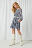 HY2275 Navy Womens Floral Dolman Sleeve Tiered Dress Full Body