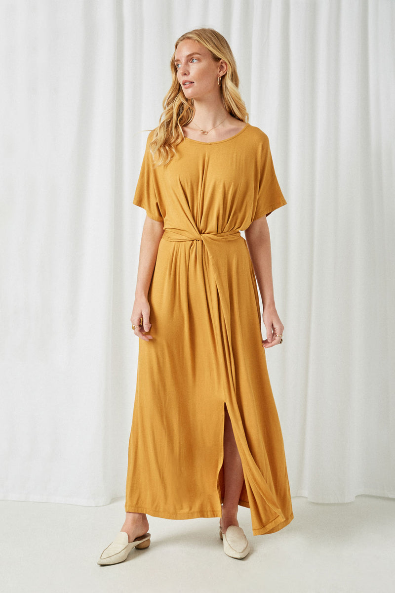 HY2290 Camel Womens Tie Waist Front Slit Knit Maxi Dress Full Body