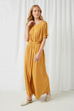 HY2290 Camel Womens Tie Waist Front Slit Knit Maxi Dress Full Body