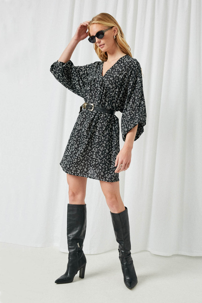 HY2300 Black Womens Long Sleeve Mixed Dot Tunic Dress Full Body
