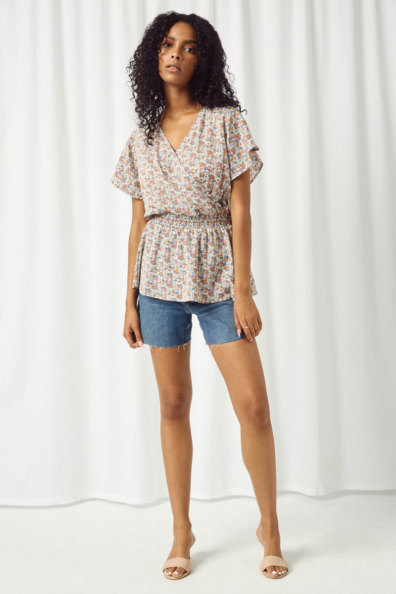 HY2385 LAVENDER Womens Ditsy Floral Surplice Peplum Top Full Body