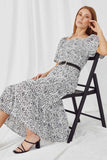 HY2387 OFF WHITE Womens Smocked Short Sleeve Tiered Midi Dress Pose