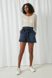 HY2388 Blue Womens Garment Dyed Belted Tencel Shorts Full Body