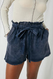 HY2388 Blue Womens Garment Dyed Belted Tencel Shorts Front
