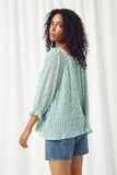 HY2398 BLUE Womens Square Neck Floral Print Pleated Top Back