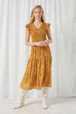 HY2402 Mustard Womens Smocked Bodice Flutter Sleeve Dress Front