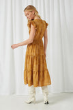 HY2402 Mustard Womens Smocked Bodice Flutter Sleeve Dress Back